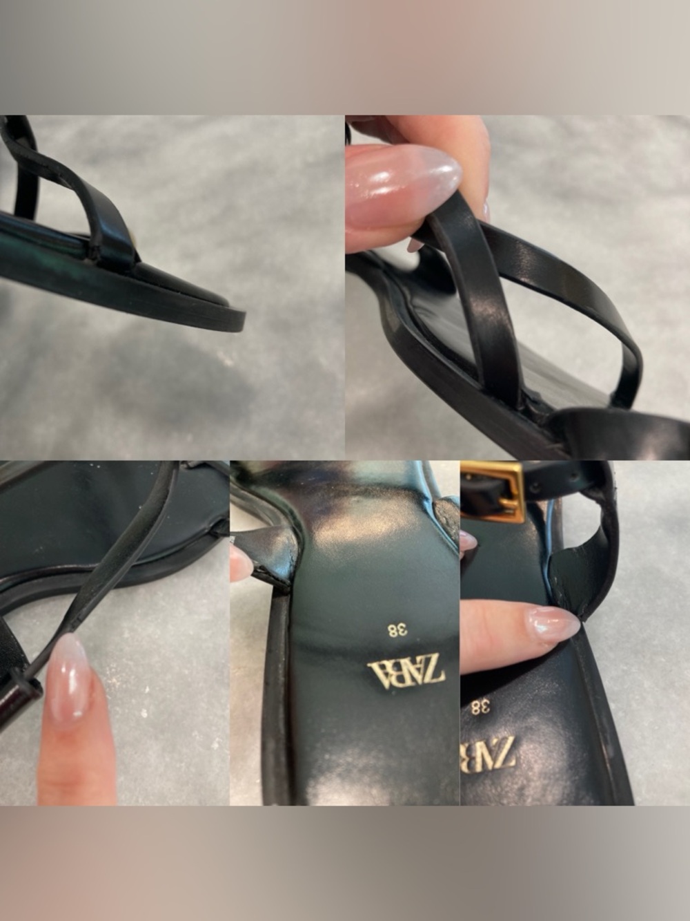 ZARA Black Leather Flat Strappy Gold Metal Toe Sandals - Picture 12 of 15